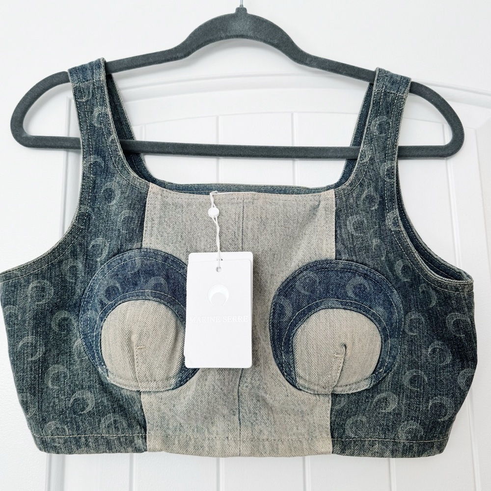 NWT Marine Serre Crescent Cup Patchwork Denim Bustier Top